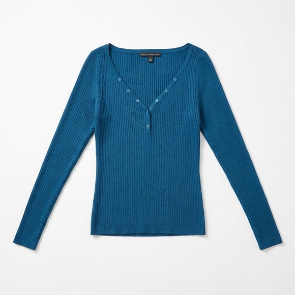 White House Black Market Sweaters - White House Black Market WHBM Size M Teal Ribbed Henley Sweater Pointelle V-Neck